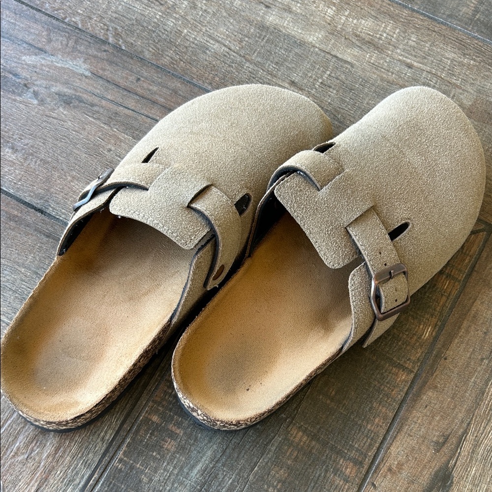 Tan Suede Slip-On Clogs